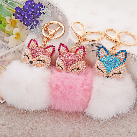 Mini Key Chains-Fox Key Fluffy Pom-pom Key Chain Bag Charm